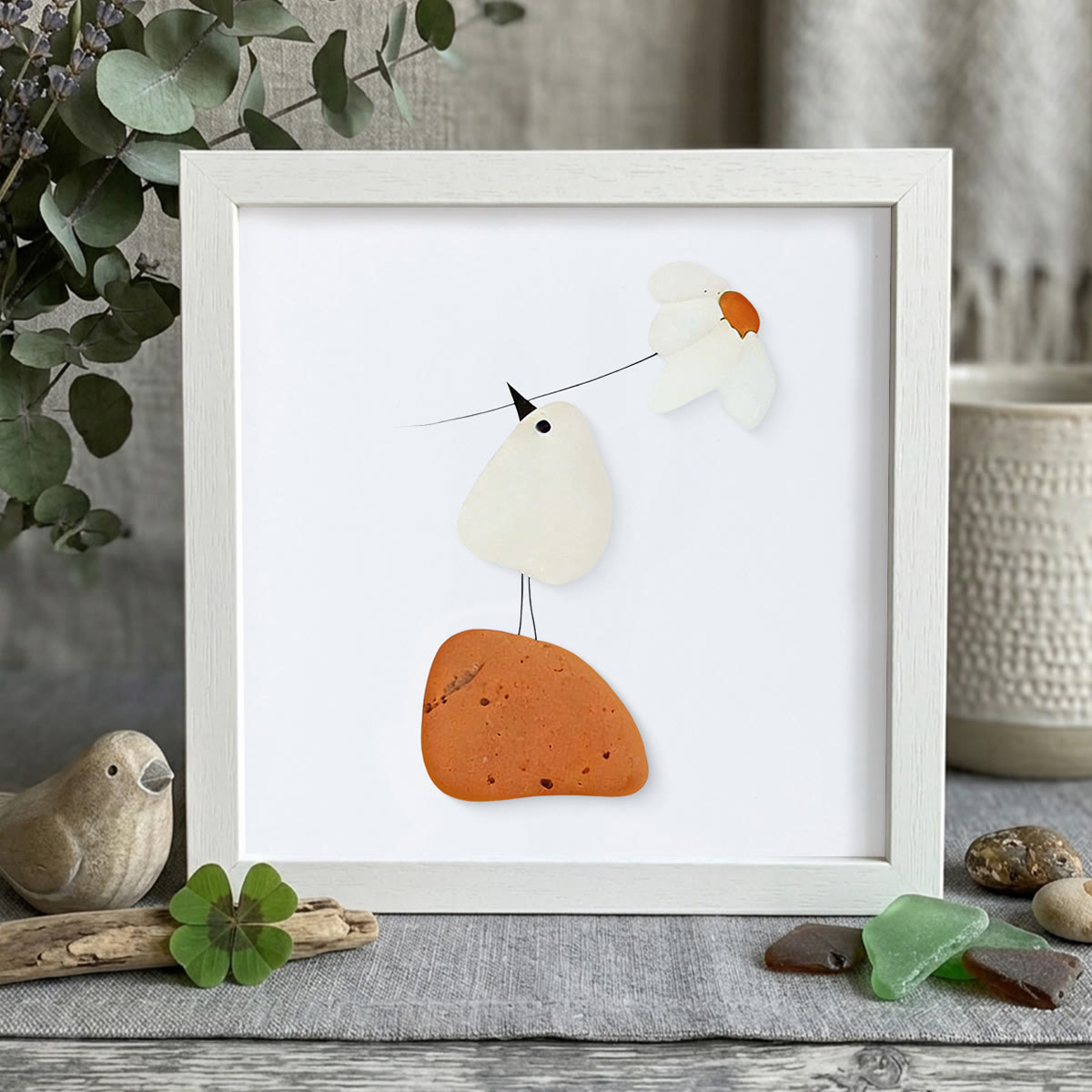 Little Bird & Daisy Nature-Inspired Sea Glass Framed Art - White - 8" X 8" - image 11