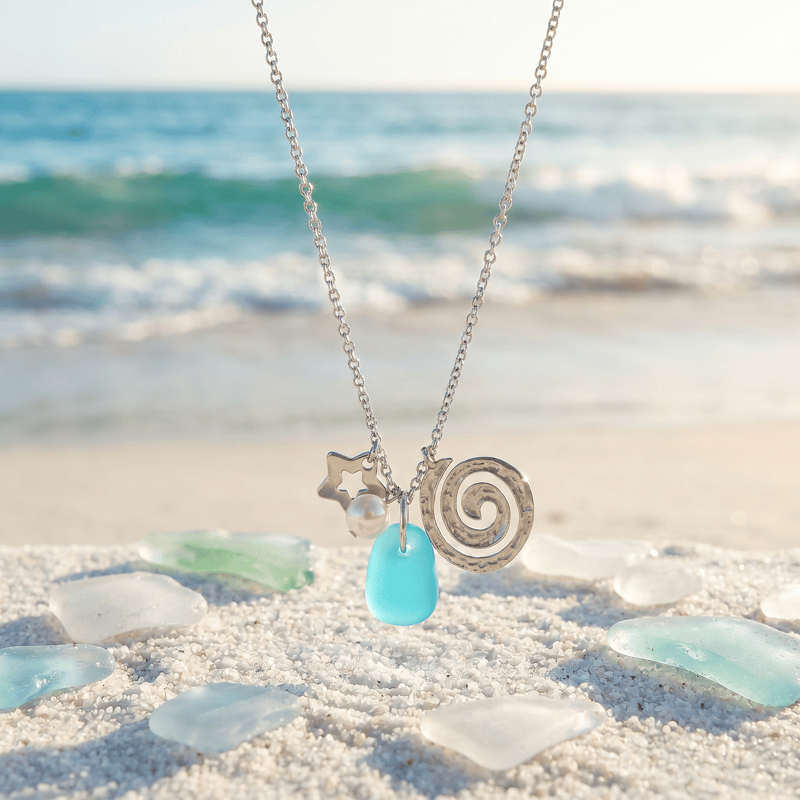 Swirl & Star Pearl Accents Aqua Sea Glass Necklace - Silver - image 0