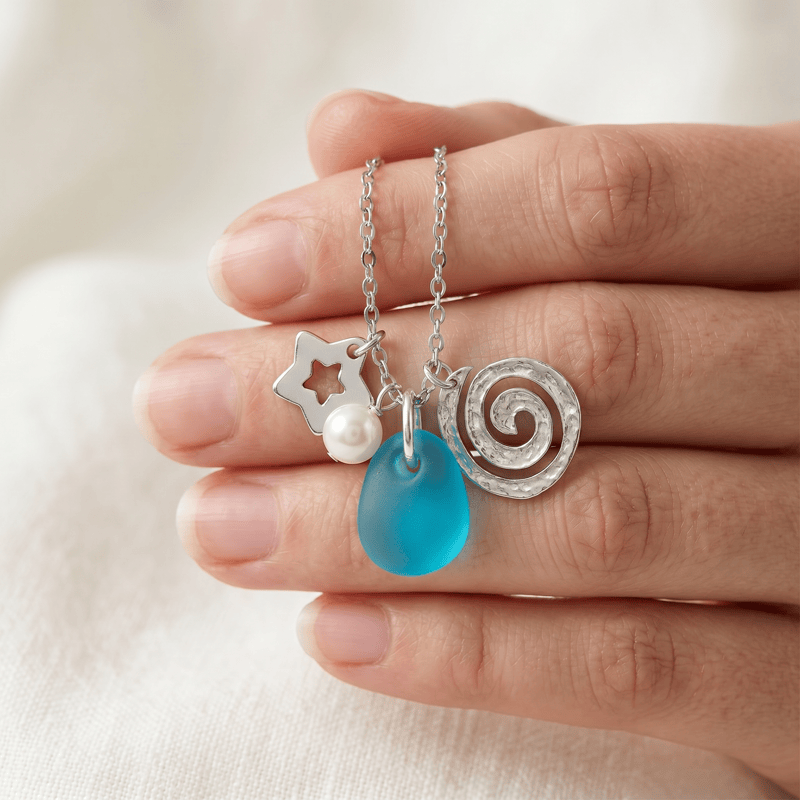 Swirl & Star Pearl Accents Aqua Sea Glass Necklace - image 4