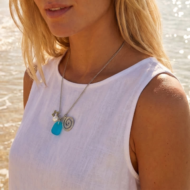 Swirl & Star Pearl Accents Aqua Sea Glass Necklace - image 1