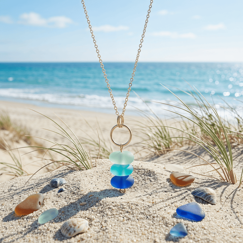 Ocean Gradient Blue Sea Glass Gold Chain Necklace - image 2