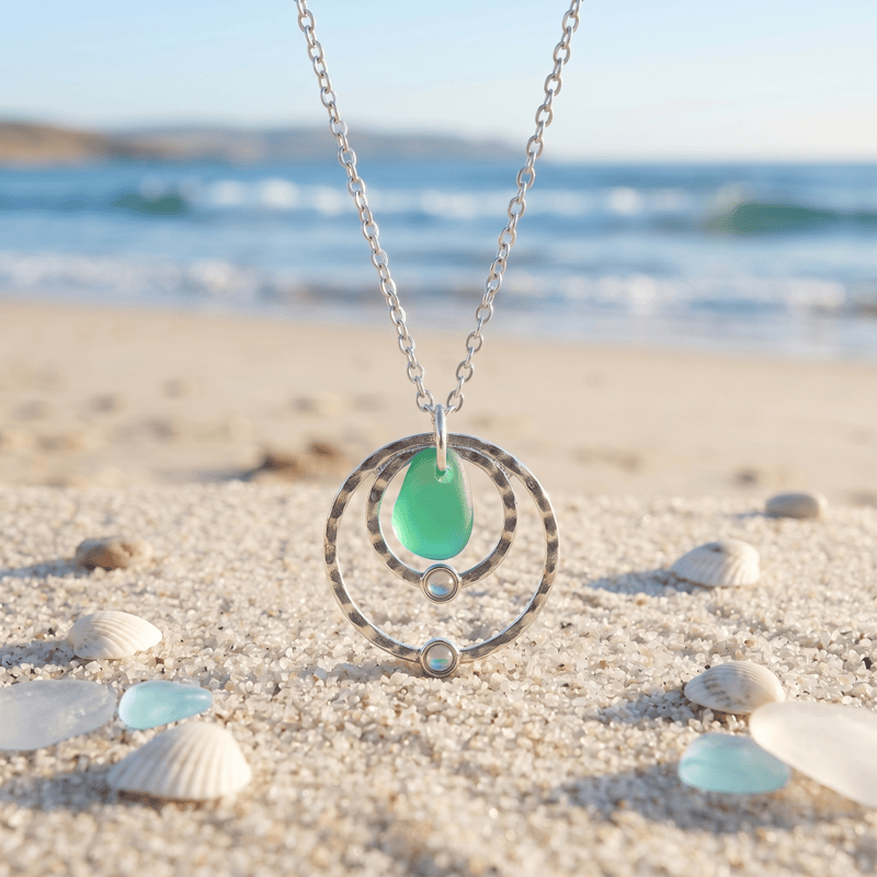 Tidal Rings Beachside Whisper Light Green Sea Glass Necklace - Silver - image 0