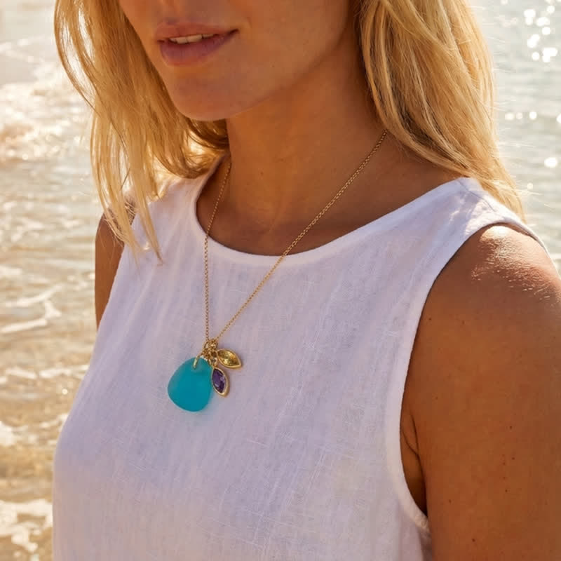 Sunset Tides Amethyst & Citrine Turquoise Sea Glass Necklace - image 1