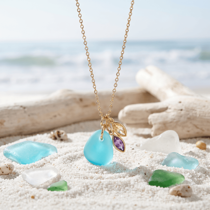Sunset Tides Amethyst & Citrine Turquoise Sea Glass Necklace - image 7