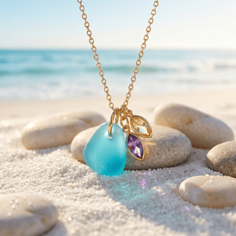Sunset Tides Amethyst & Citrine Turquoise Sea Glass Necklace - Gold - image 0
