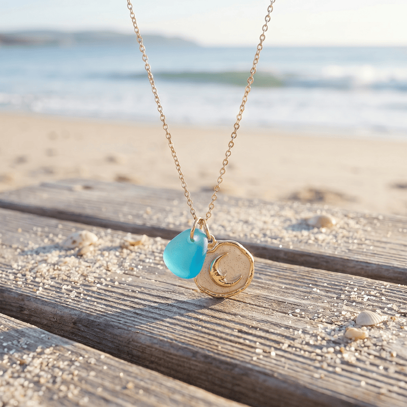 Night At The Shore Moonlit Charm Aqua Sea Glass Necklace - image 4