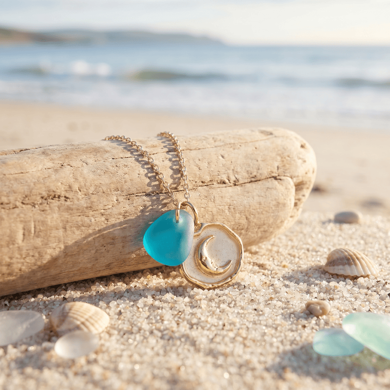 Night At The Shore Moonlit Charm Aqua Sea Glass Necklace - Gold - image 0