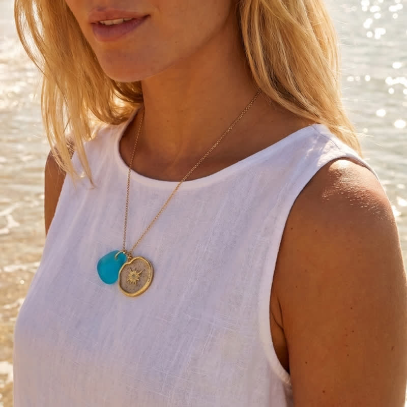 Glitter Starburst Pendant Aqua Sea Glass Necklace - image 5