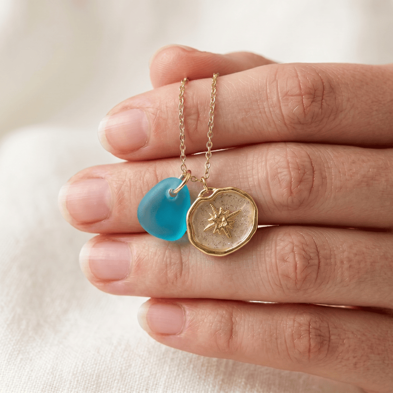 Glitter Starburst Pendant Aqua Sea Glass Necklace - image 4