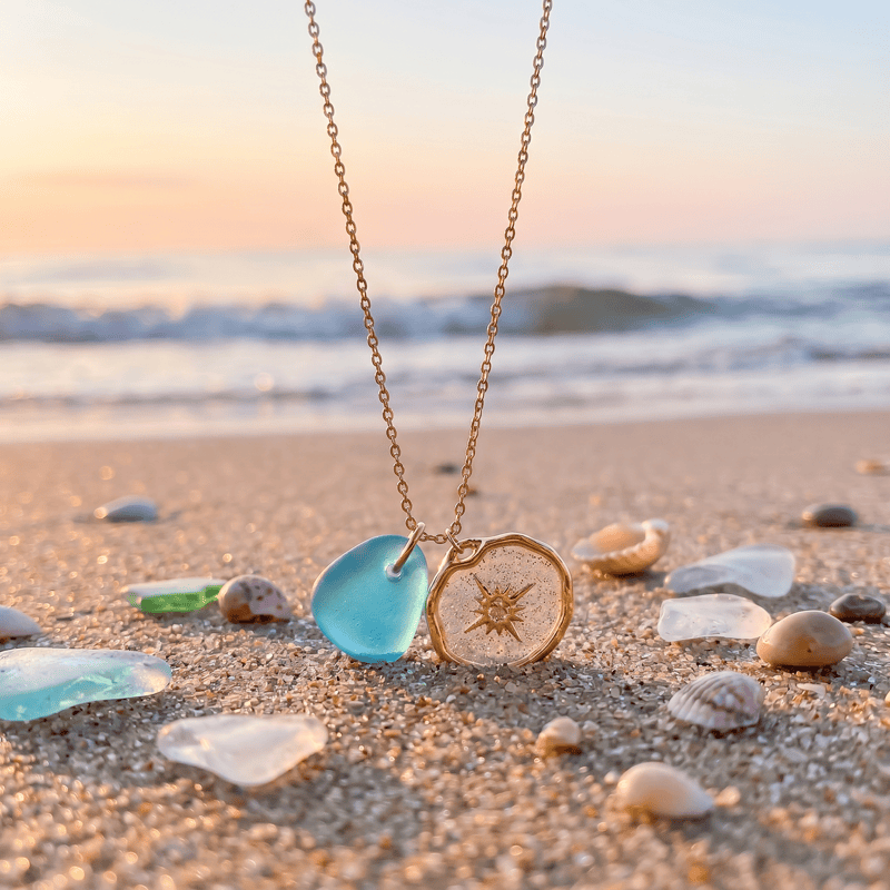 Glitter Starburst Pendant Aqua Sea Glass Necklace - image 3