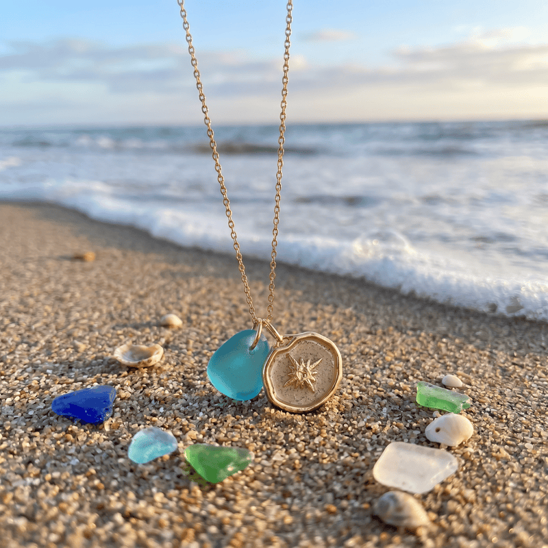 Glitter Starburst Pendant Aqua Sea Glass Necklace - Gold - image 0