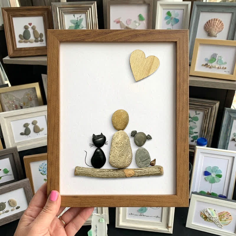 A Family & Their Beloved Pets Sea Glass Framed Art - Walnut Brown - 8" X 6" - image 6