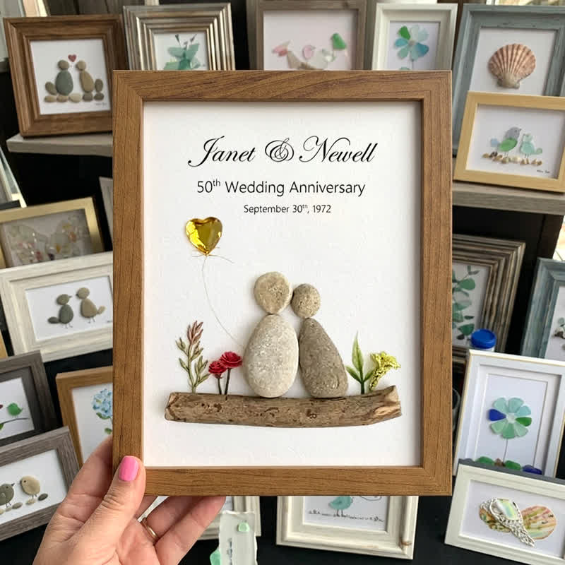 Heartfelt Customizable Couple Anniversary Sea Glass Framed Art - Walnut Brown - 8" X 6" - image 0