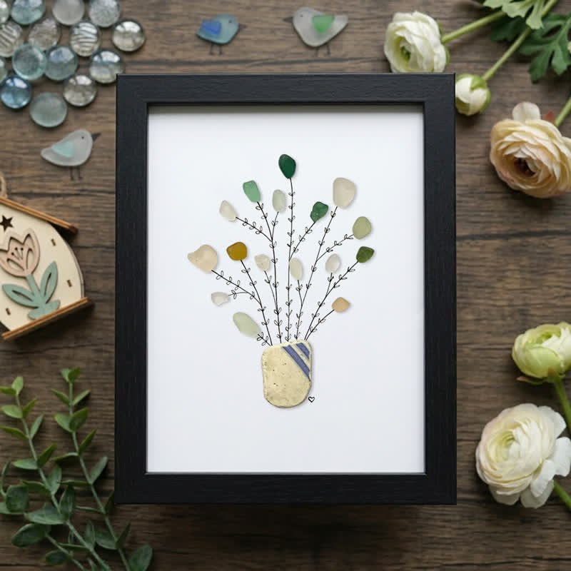 Minimalist Flower Vase Sea Glass Framed Art - Black - 8" X 6" - image 7