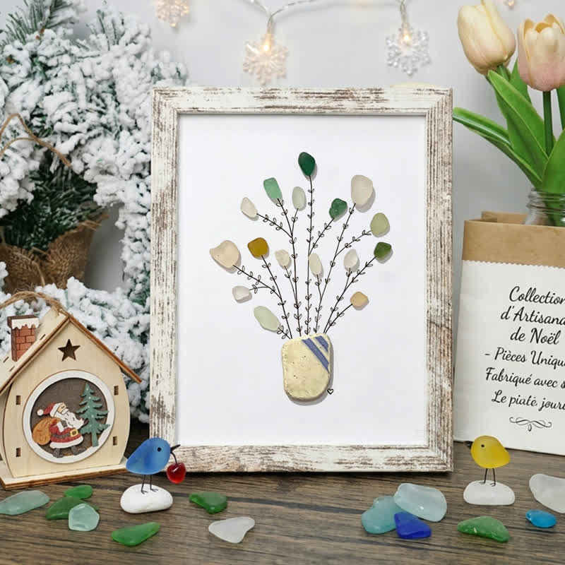 Minimalist Flower Vase Sea Glass Framed Art - Retro White - 8" X 6" - image 9