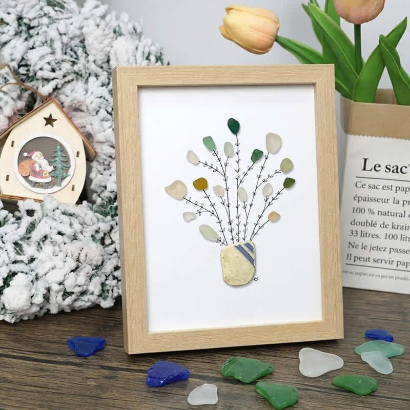 Minimalist Flower Vase Sea Glass Framed Art - Oak - 8" X 6" - image 5