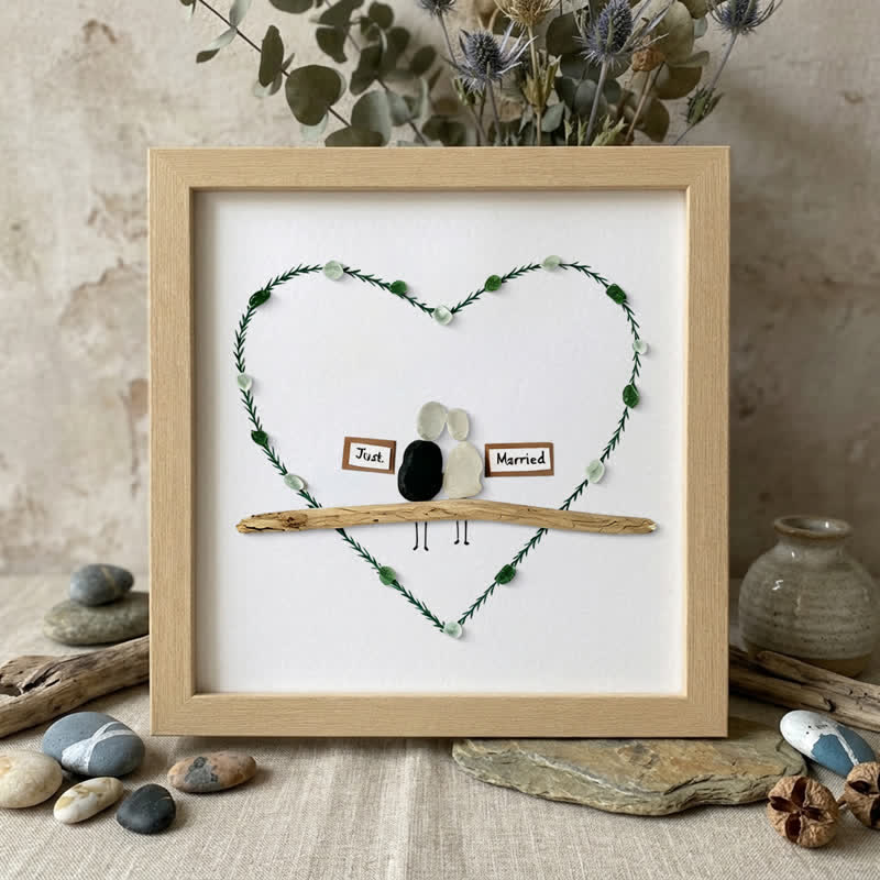 Bridal Shower & Wedding "Just Married" Sea Glass Framed Art - Oak - 8" X 8" - image 7