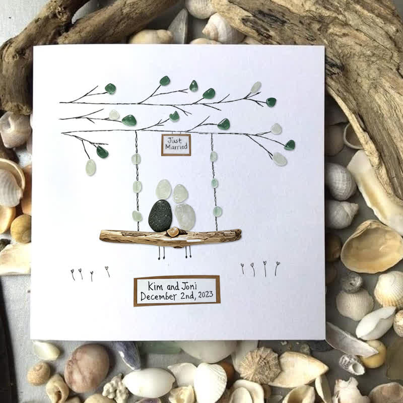 Custom "Just Married" Names & Date Sea Glass Framed Art - Seaglass Card - 8" X 8" - image 1
