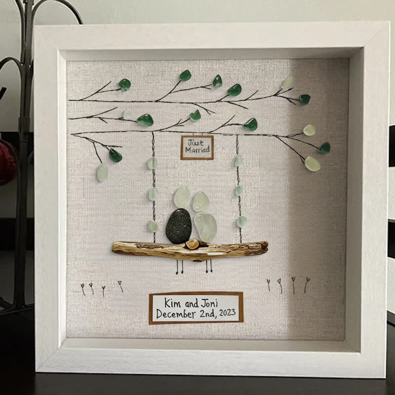 Custom "Just Married" Names & Date Sea Glass Framed Art - image 3