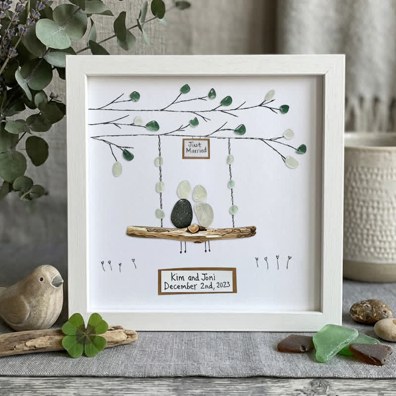 Custom "Just Married" Names & Date Sea Glass Framed Art - White - 8" X 8" - image 9