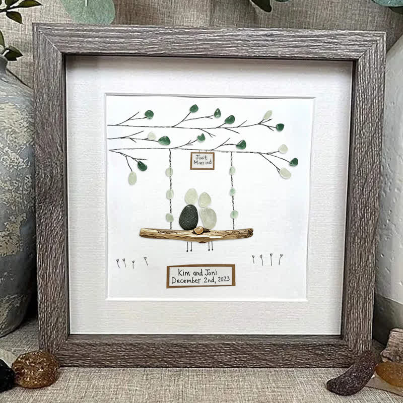 Custom "Just Married" Names & Date Sea Glass Framed Art - image 0