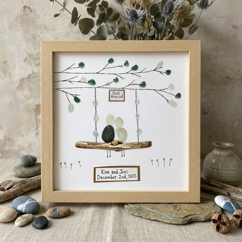 Custom "Just Married" Names & Date Sea Glass Framed Art - Oak - 8" X 8" - image 7