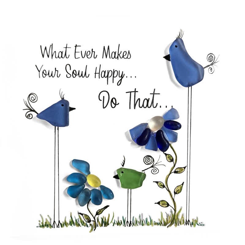 Colorful Birds & Flowers Inspirational Quote Sea Glass Framed Art - Seaglass Card - 8" X 8" - image 1