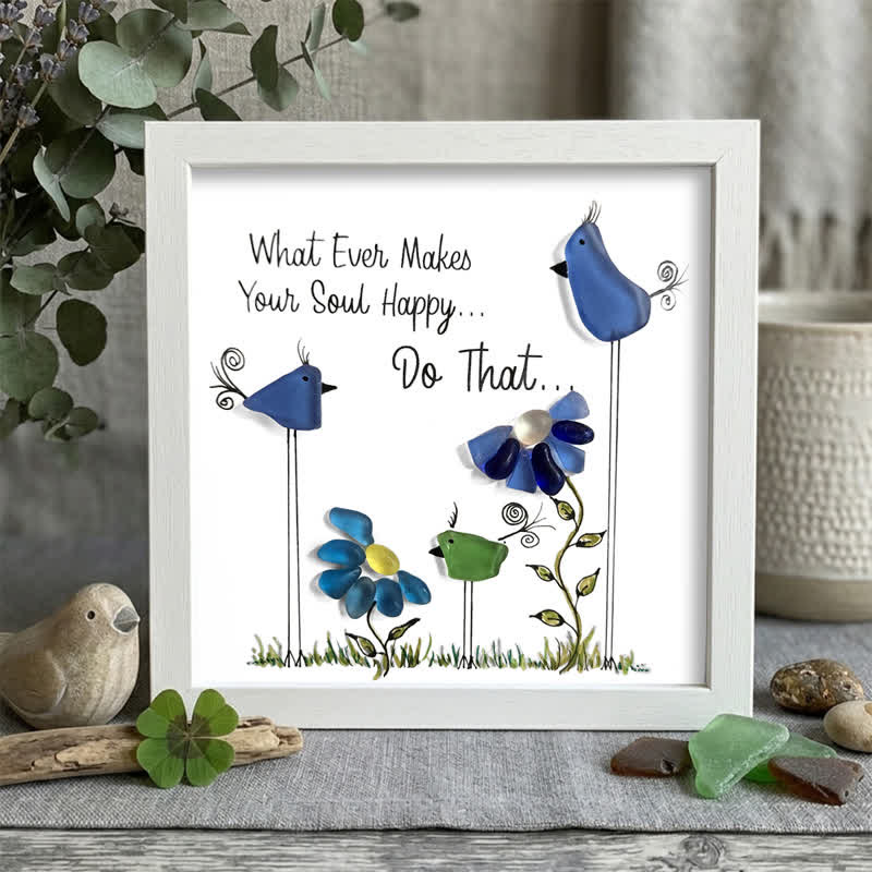 Colorful Birds & Flowers Inspirational Quote Sea Glass Framed Art - White - 8" X 8" - image 7