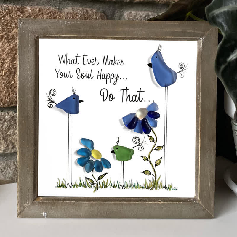 Colorful Birds & Flowers Inspirational Quote Sea Glass Framed Art - image 0