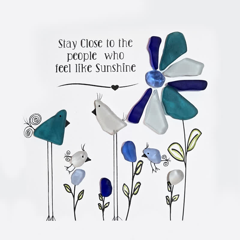 Birds & Flowers Cheerful Quote Sea Glass Framed Art - Seaglass Card - 8" X 8" - image 1