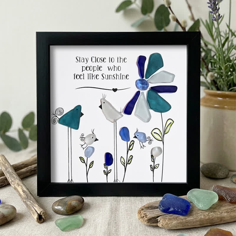 Birds & Flowers Cheerful Quote Sea Glass Framed Art - Black - 8" X 8" - image 6