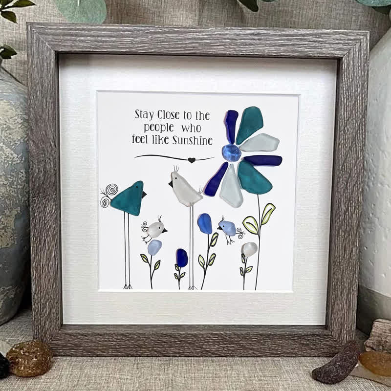Birds & Flowers Cheerful Quote Sea Glass Framed Art - image 4