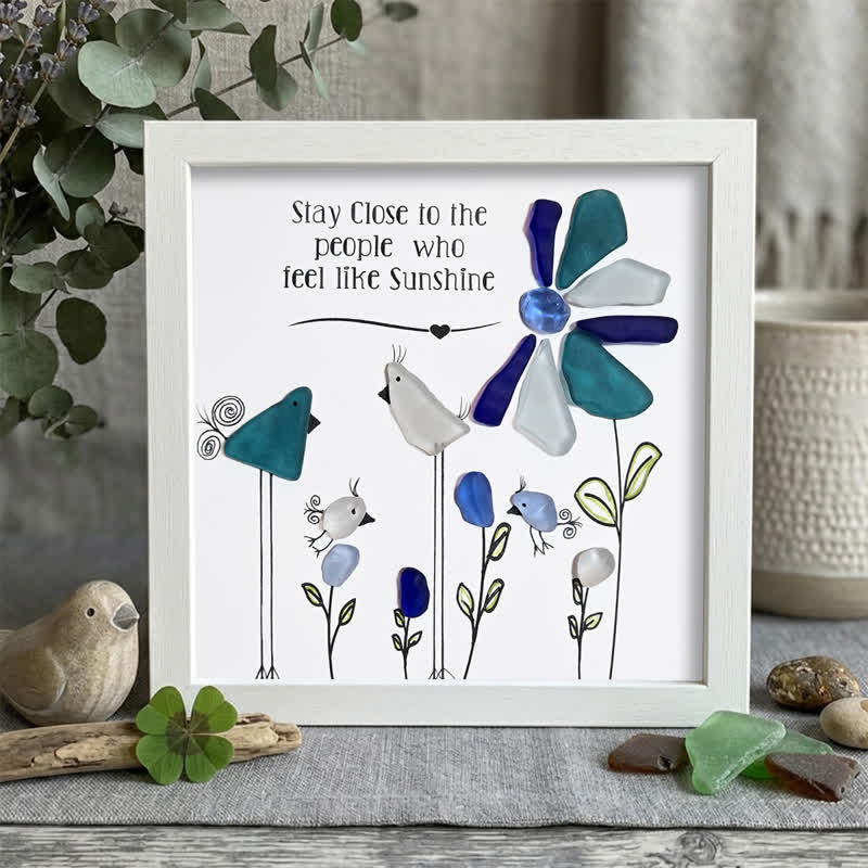 Birds & Flowers Cheerful Quote Sea Glass Framed Art - White - 8" X 8" - image 7