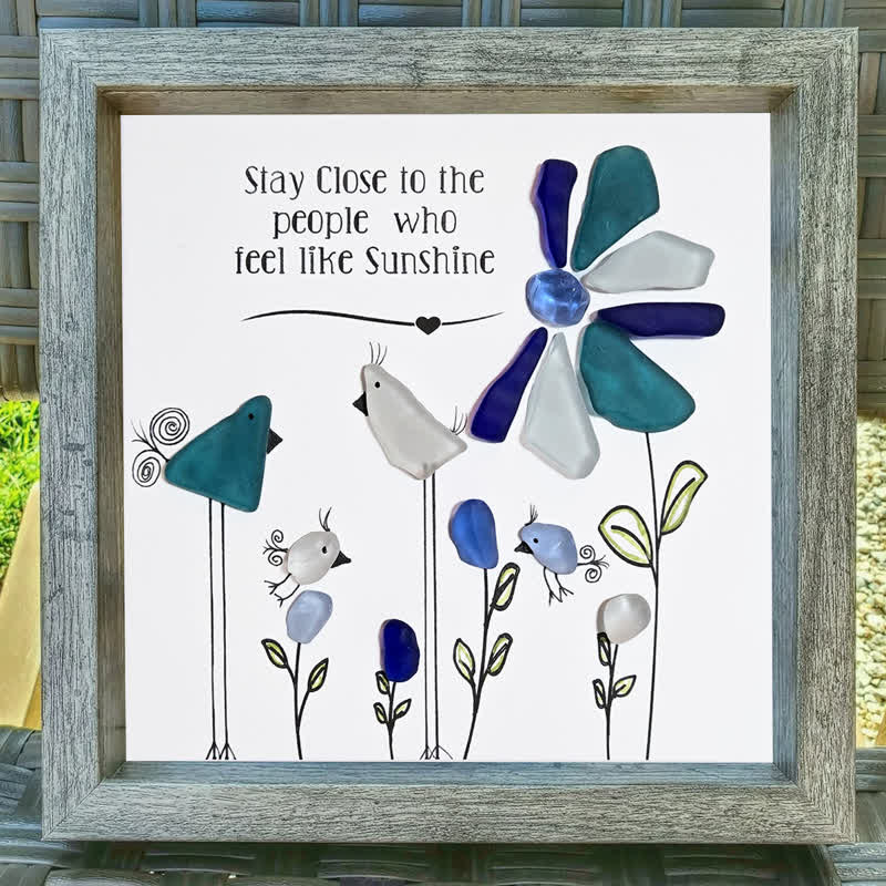 Birds & Flowers Cheerful Quote Sea Glass Framed Art - image 0