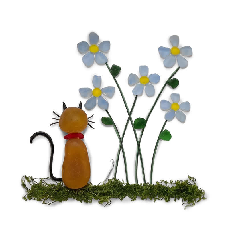 Cozy Cottagecore Kitty & Daisy Sea Glass Framed Art - Brown Cat - Seaglass Card - 8" X 8" - image 1