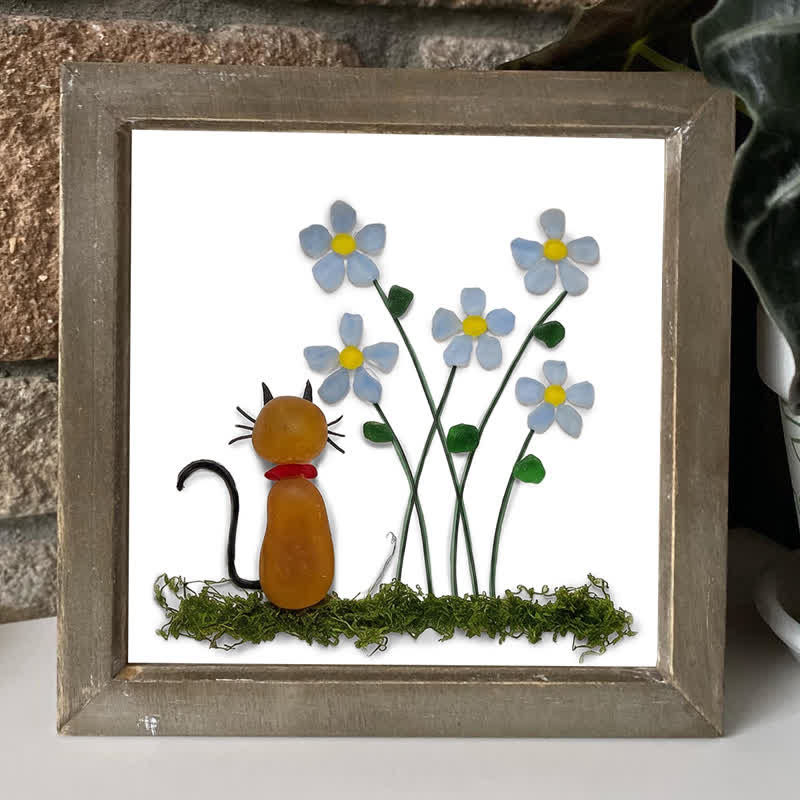 Cozy Cottagecore Kitty & Daisy Sea Glass Framed Art - image 0