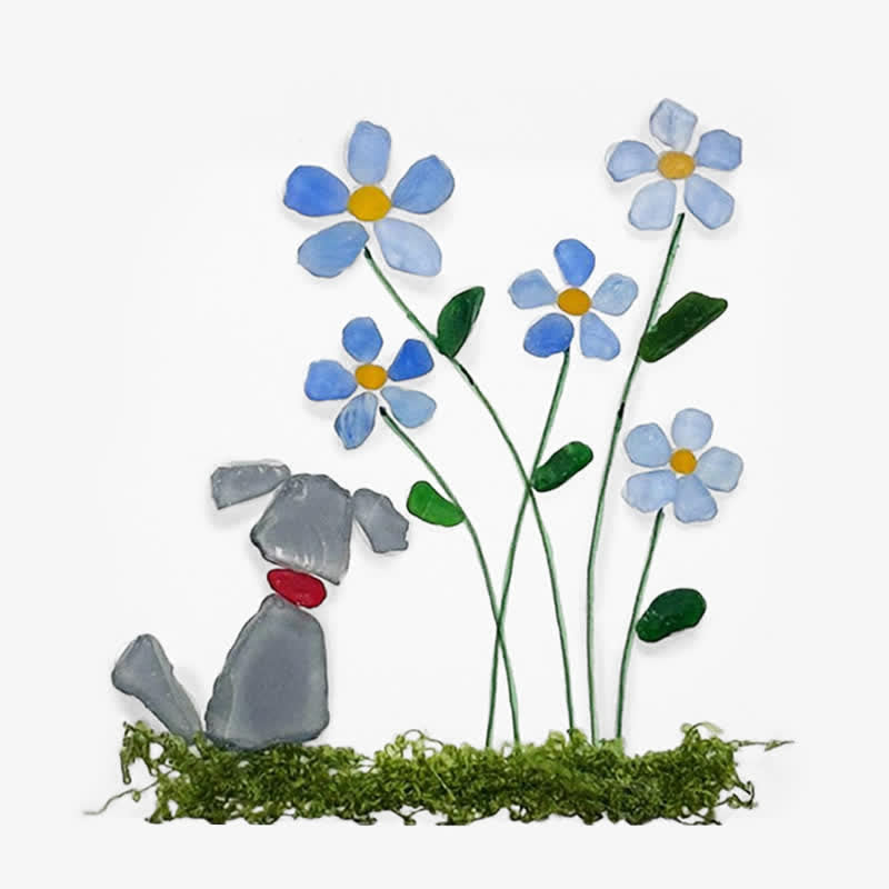 Cute Puppy & Flower Garden Sea Glass Framed Art - Gray Dog - Seaglass Card - 8" X 8" - image 1