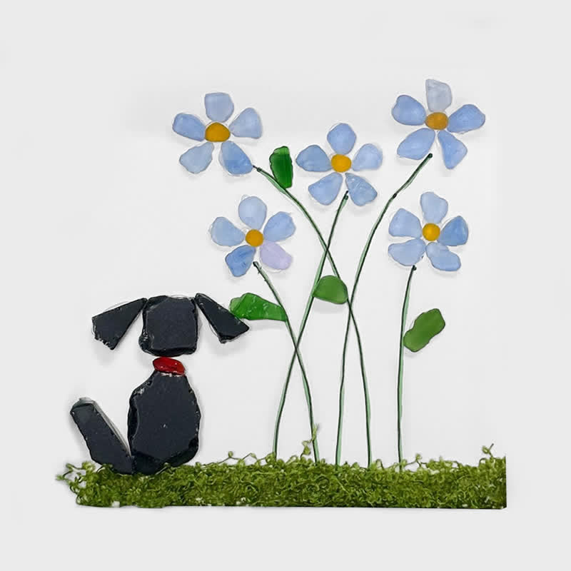 Cute Puppy & Flower Garden Sea Glass Framed Art - Black Dog - Seaglass Card - 8" X 8" - image 8