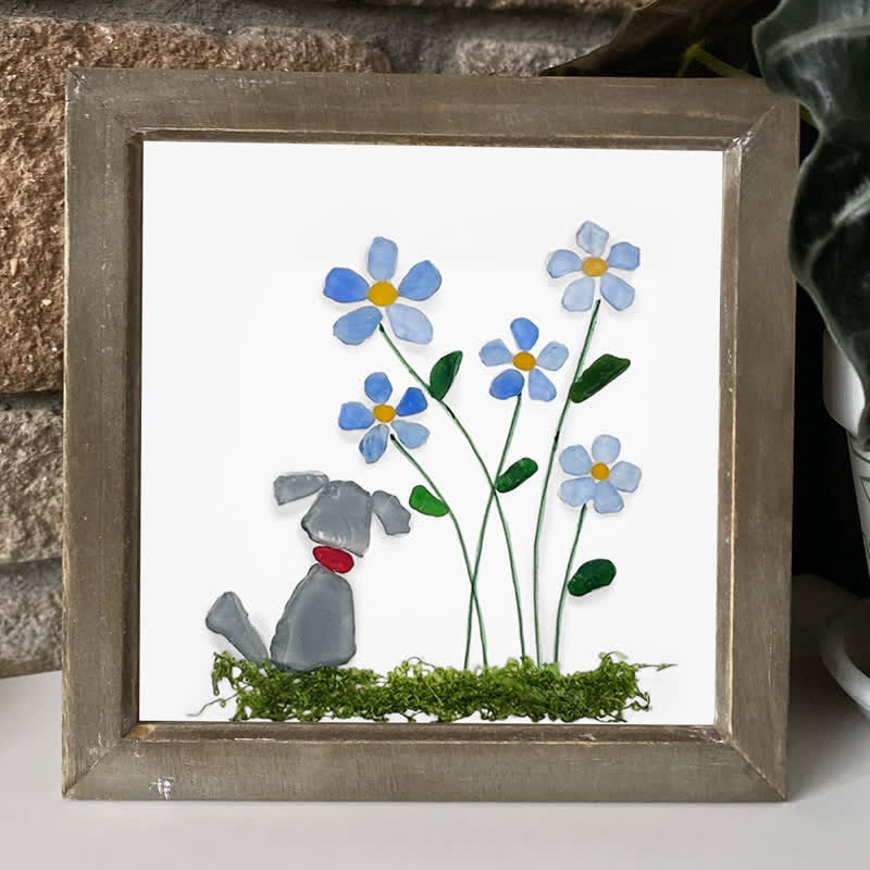 Cute Puppy & Flower Garden Sea Glass Framed Art - image 0