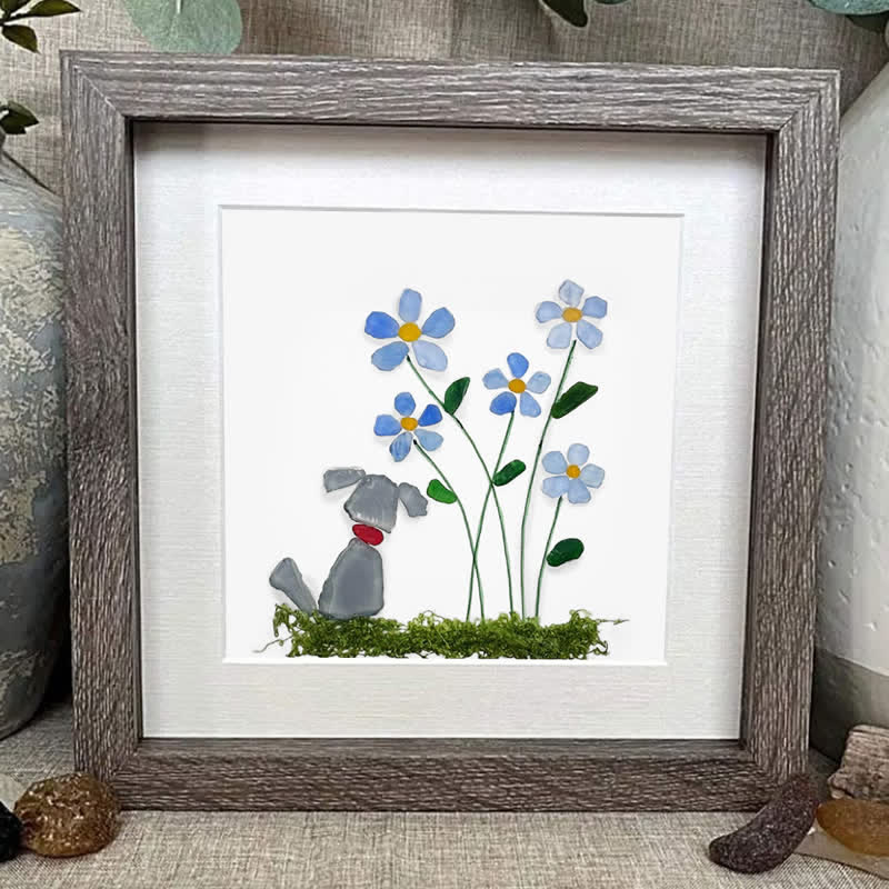 Cute Puppy & Flower Garden Sea Glass Framed Art - image 3