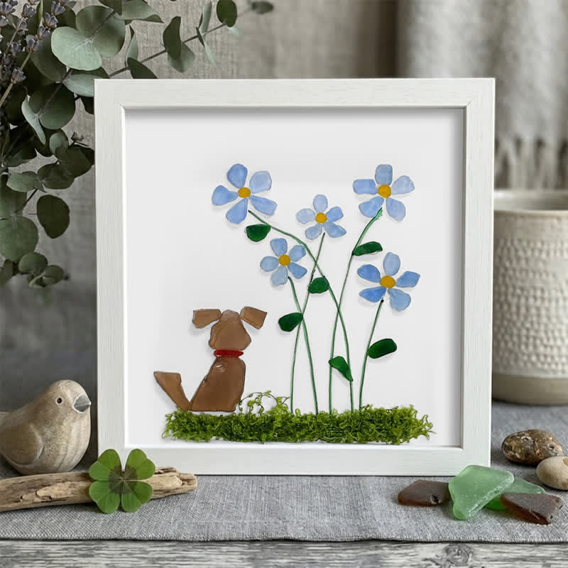 Cute Puppy & Flower Garden Sea Glass Framed Art - Brown Dog - White - 8" X 8" - image 15