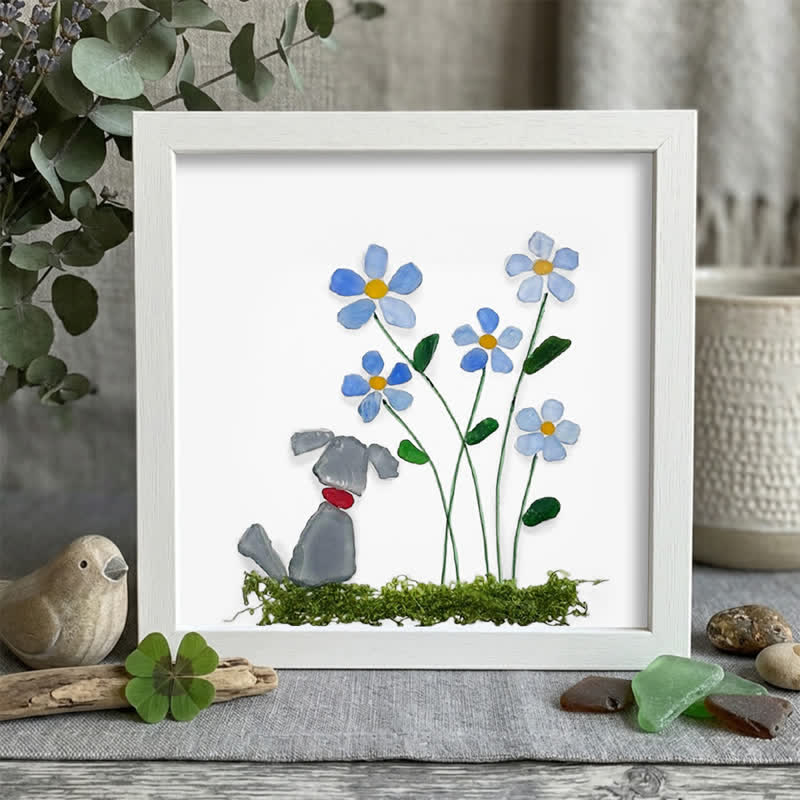 Cute Puppy & Flower Garden Sea Glass Framed Art - Gray Dog - White - 8" X 8" - image 7