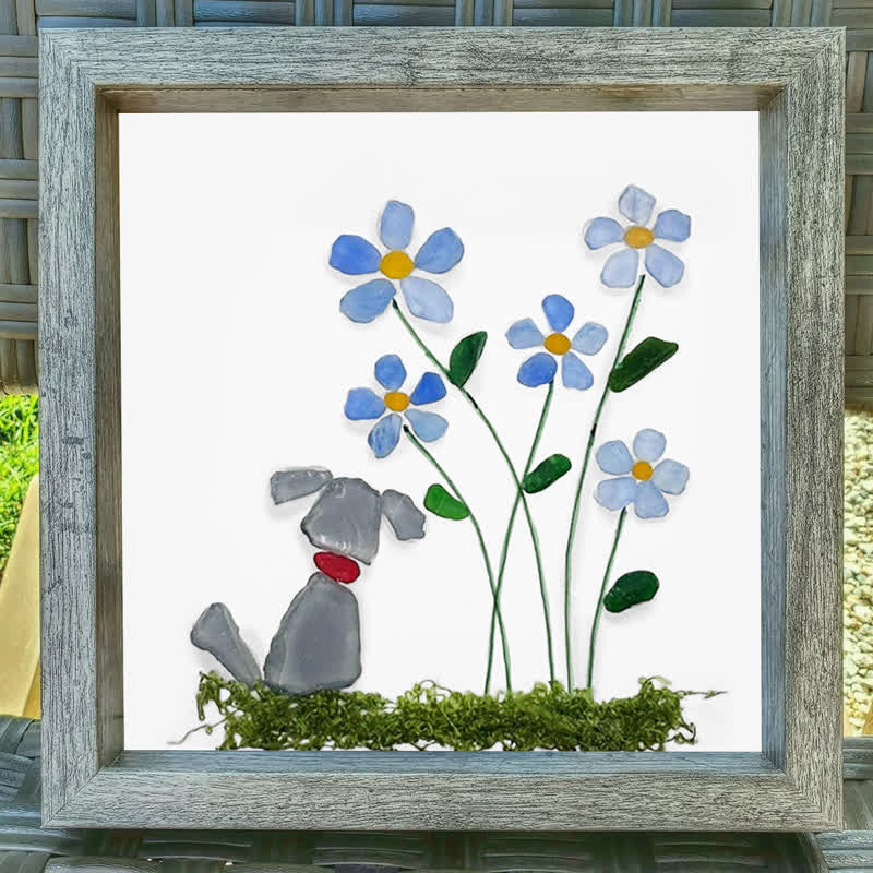 Cute Puppy & Flower Garden Sea Glass Framed Art - image 2