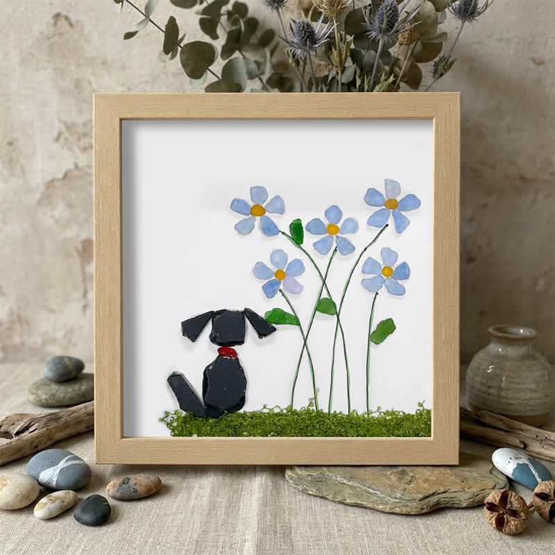 Cute Puppy & Flower Garden Sea Glass Framed Art - Black Dog - Oak - 8" X 8" - image 9