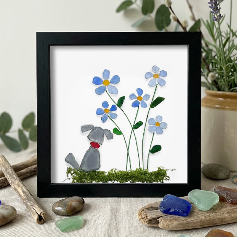 Cute Puppy & Flower Garden Sea Glass Framed Art - Gray Dog - Black - 8" X 8" - image 6