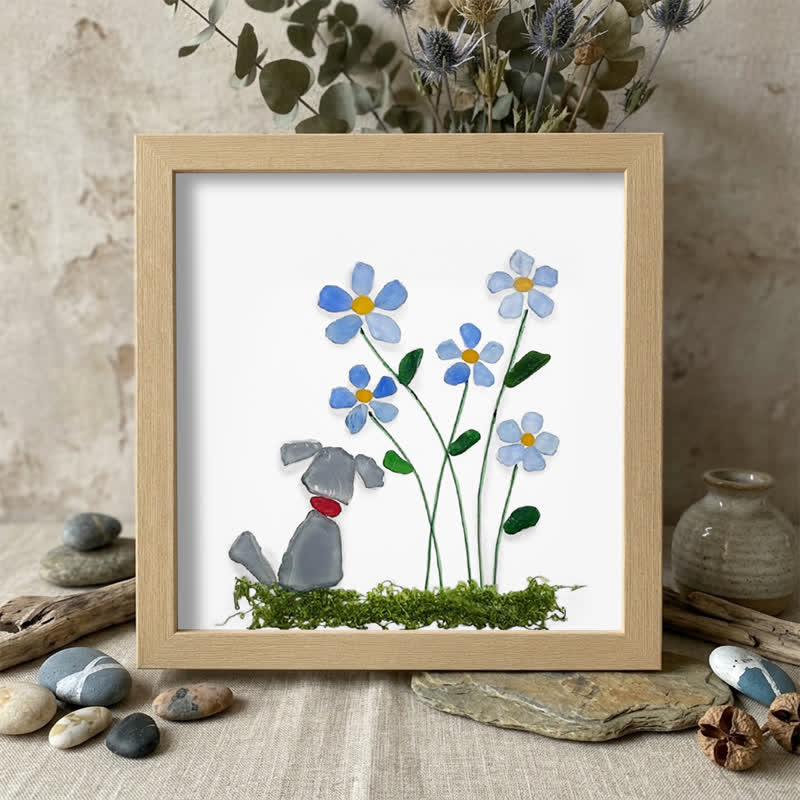 Cute Puppy & Flower Garden Sea Glass Framed Art - Gray Dog - Oak - 8" X 8" - image 5