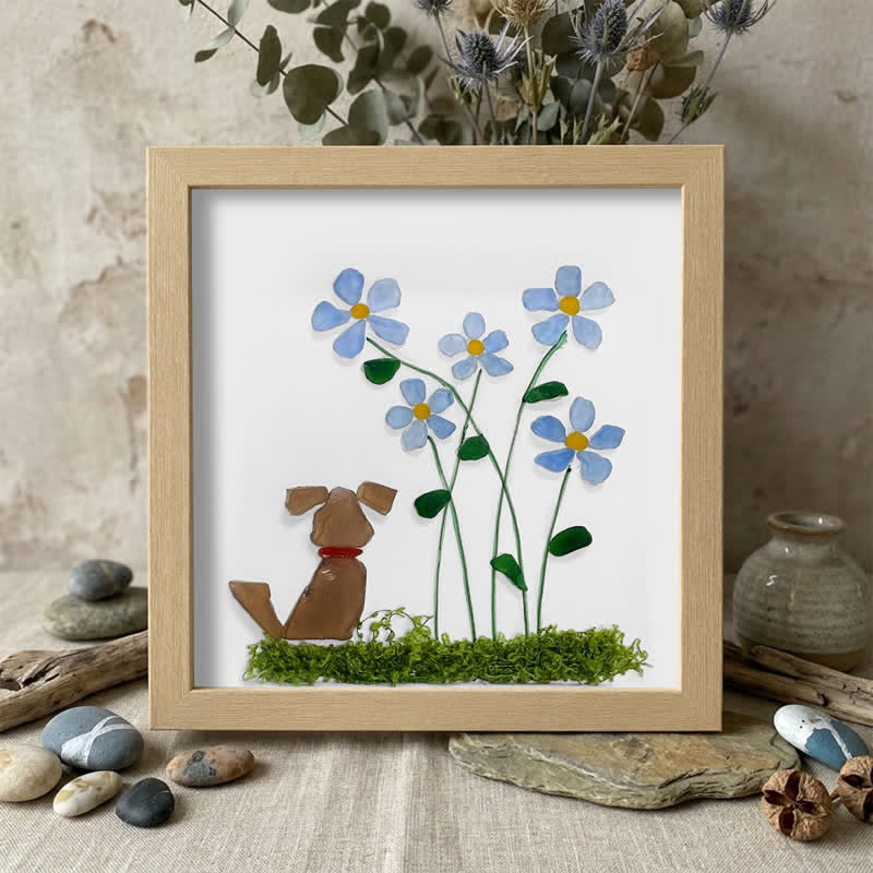 Cute Puppy & Flower Garden Sea Glass Framed Art - Brown Dog - Oak - 8" X 8" - image 13
