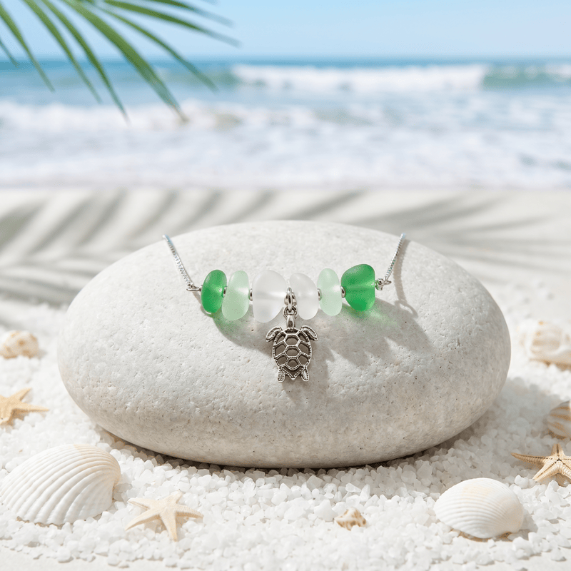 Ocean Turtle Charm Gradient Green Sea Glass Necklace - Silver - image 0