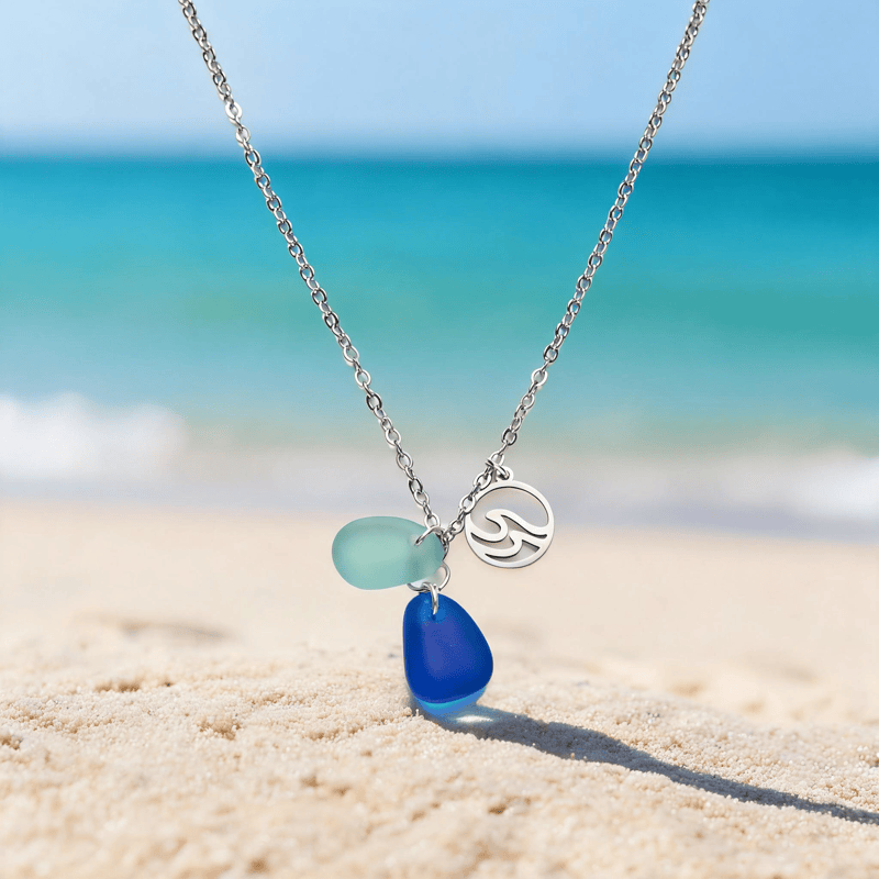 Ocean Wave Charm Cobalt & Aqua Sea Glass Necklace - Silver - image 0