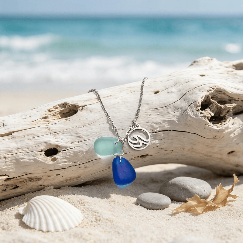 Ocean Wave Charm Cobalt & Aqua Sea Glass Necklace - image 3